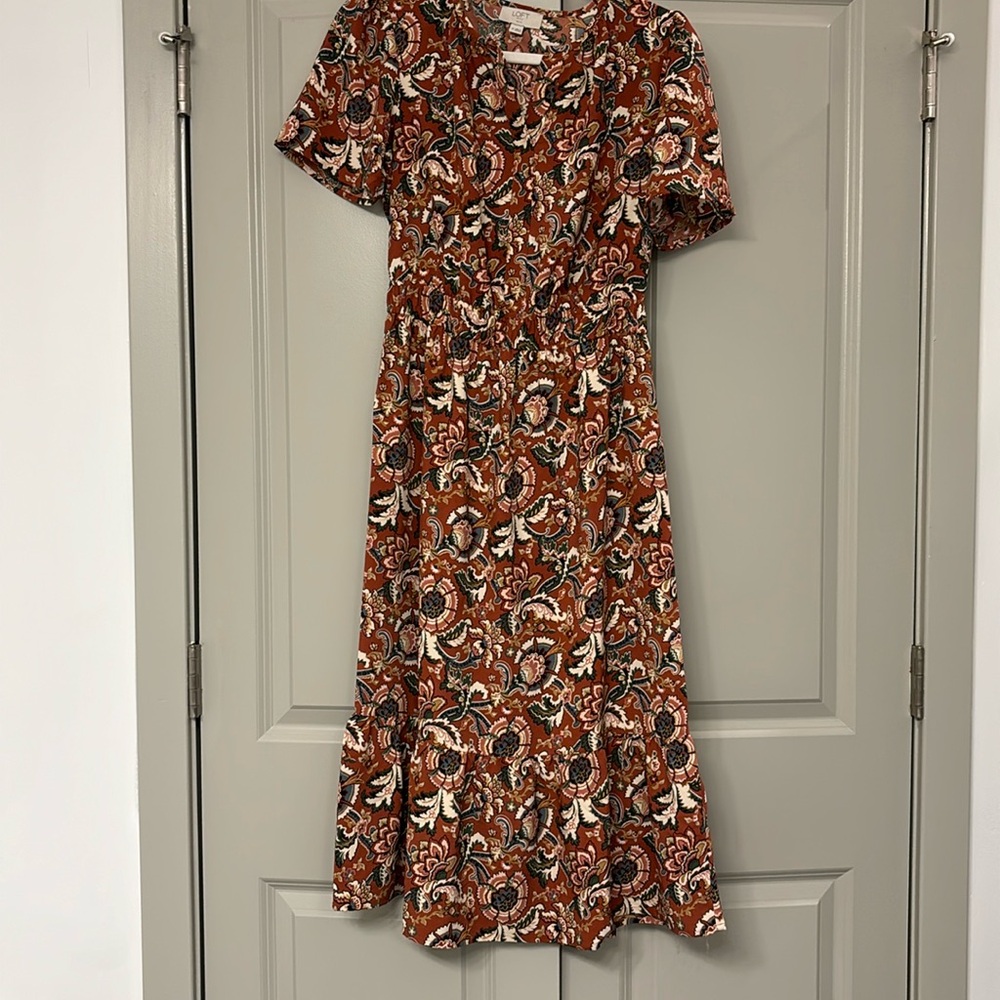 Terra-cotta with Paisley design dress from loft. Size small petite.